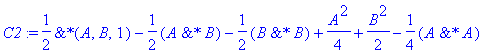 C2 := 1/2*`&*`(A,B,1)-1/2*`&*`(A,B)-1/2*`&*`(B,B)+1/4*A^2+1/2*B^2-1/4*`&*`(A,A)