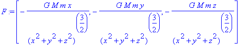 F := vector([-G*M*m*x/((x^2+y^2+z^2)^(3/2)), -G*M*m...