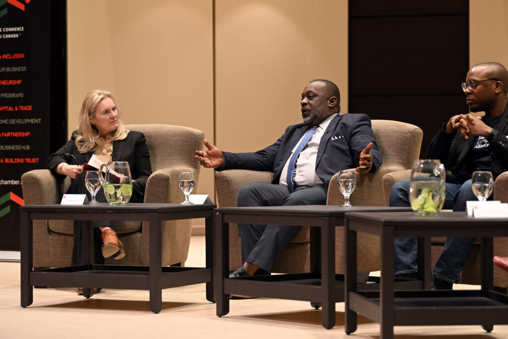 York University President and Vice-Chancellor Rhonda Lenton participates in a discussion panel at the MOU signing featuring the Canadian Black Chamber of Commerce's Doug Minter and Olu Villasa.
