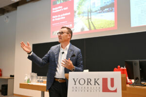 Desjardins President and CEO Guy Cormier speaks to students at the Schulich Executive Learning Centre on York University's Keele Campus.