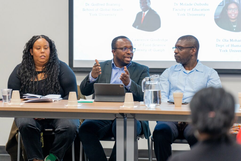 Panel with York U profs Ola Mohammed, Godfred Boateng and U of Guelph Prof Lawrence Goodridge