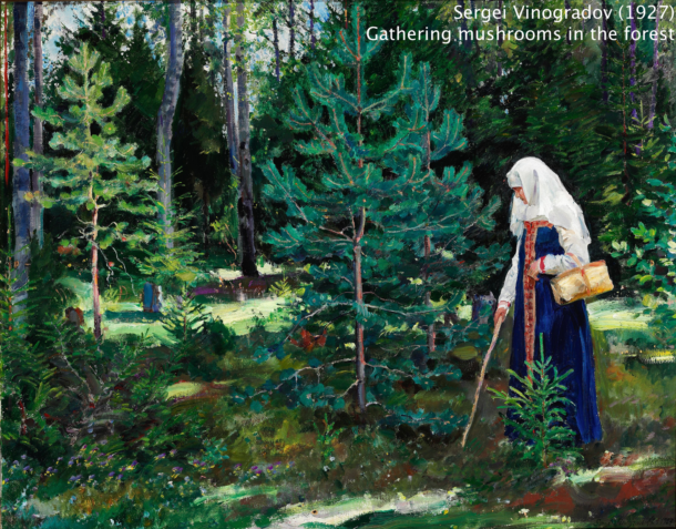 Mushroom gathering in the forest by Sergei Vinogradov (circa 1927)