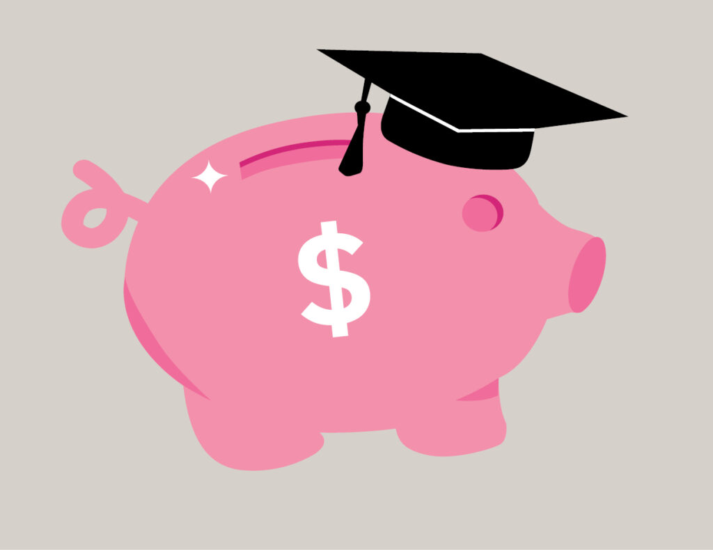 Illustration of piggy bank wearing a graduation hat