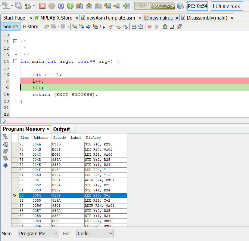 The debugger's program memory view while simulating the Microchip ATMEGA328.