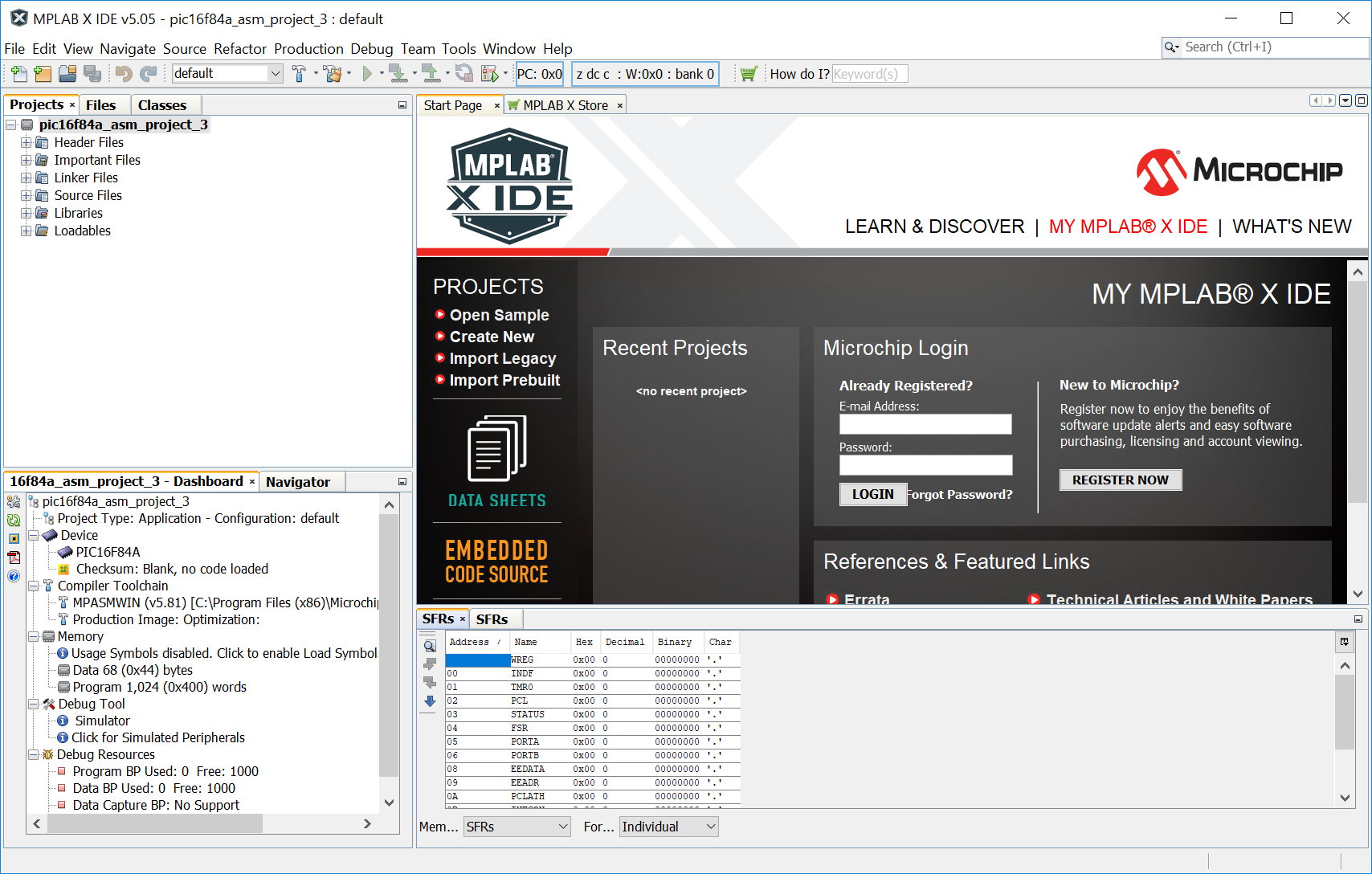 MPLAB X main window, with the PIC16F84A project