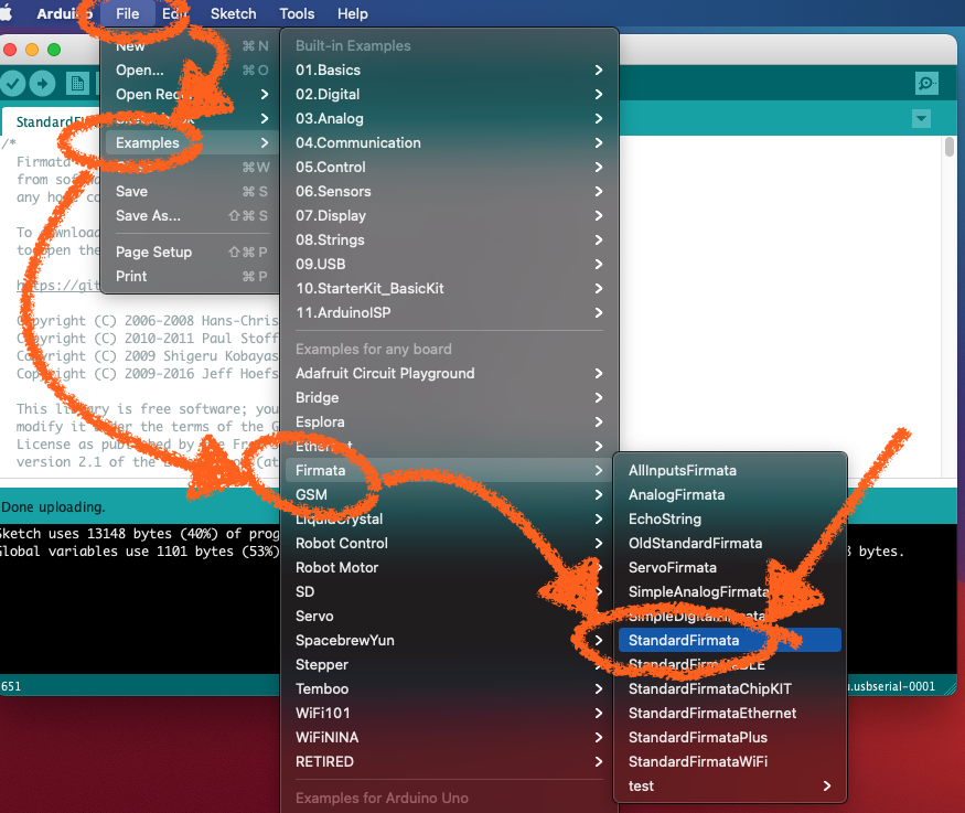 Load StandardFirmata on to your Arduino board.