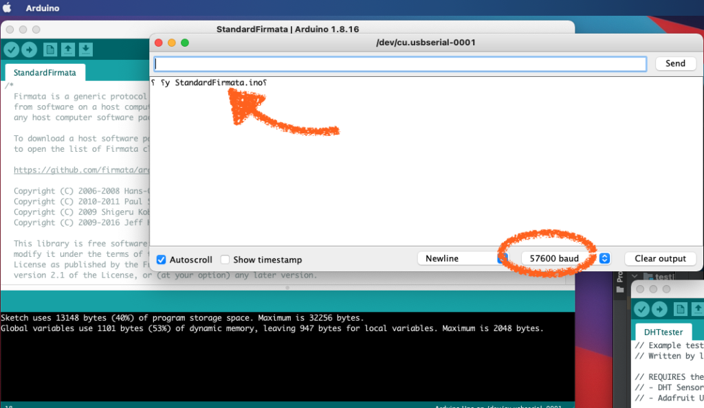 The serial monitor should say "StandardFirmata.ino"