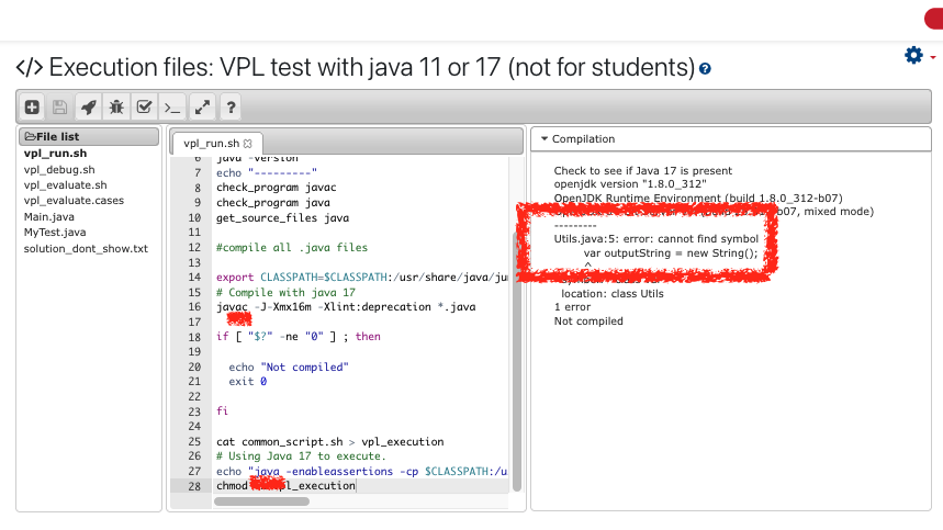 ---------
Utils.java:5: error: cannot find symbol
        var outputString = new String();
        ^
  symbol:   class var
  location: class Utils
1 error
Not compiled