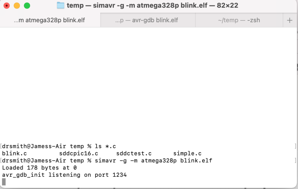 terminal view with simavr running on the blink.elf file.