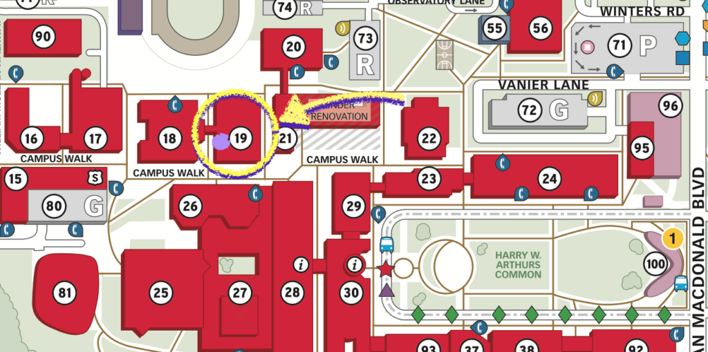 close-up of the Keele campus map showing the Lassonde engineering building in a yellow circle, with an arrow pointing to it, as well as a purple dot showing the location of the sign-out room.