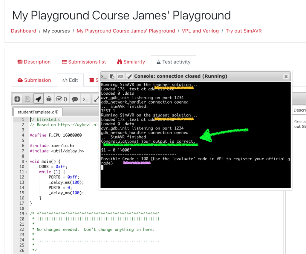 The screenshot from eClass showing the Virtual Programming Lab output. The teacher solution and the student solution successfully compiled and the grade assigned to the fake student in this example is 100.
