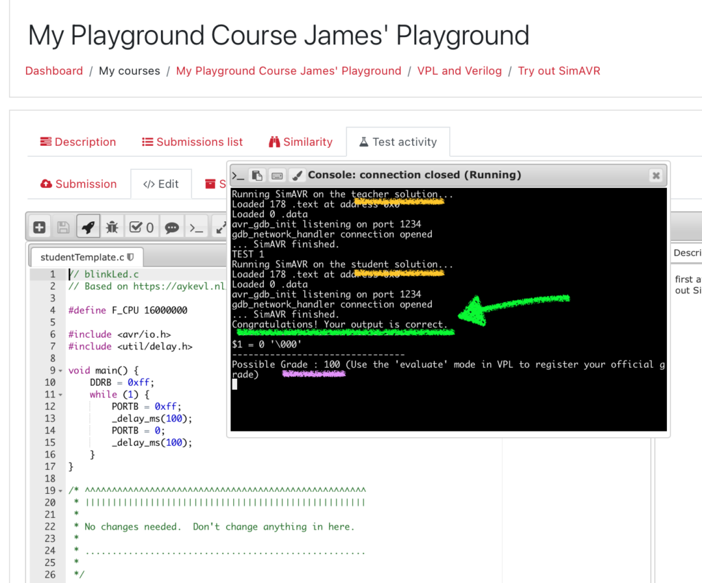 The screenshot from eClass showing the Virtual Programming Lab output.  The teacher solution and the student solution successfully compiled and the grade assigned to the fake student in this example is 100.