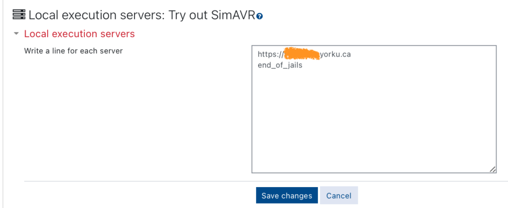 This is the "local execution servers" page. Two lines are required. The first is the location of the local VPL server. The second line tells eClass that there are no other VPL servers to check.