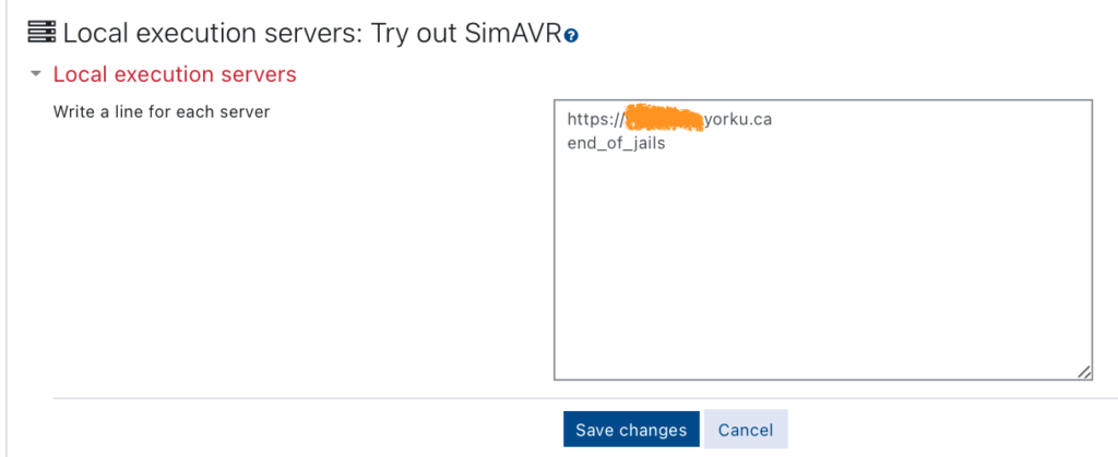 This is the "local execution servers" page.  Two lines are required. The first is the location of the local VPL server. The second line tells eClass that there are no other VPL servers to check.