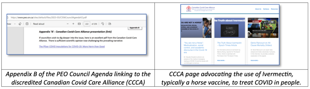 two images.
1. Appendix 'B': Canadian Covid-Care Alliance presentation (link)
If councillors wish to dig deeper into the issue, here is an excellent pdf from the Canadian Covid-Care
Alliance. There is sufficient scientific opinion now challenging the prevailing narrative:
The Pfizer COVID Inoculations for COVID-19: More Harm than Good
2. CCCA page showing links to webpages on Ivermectin.
labels:
Appendix B of the PEO Council Agenda linking to the discredited Canadian Covid Care Alliance (CCCA) CCCA page advocating the use of Ivermectin, typically a horse vaccine, to treat COVID in people.