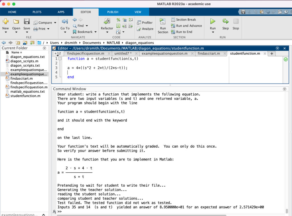 Matlab window.  Complete with a studentfunction.m file that lists a student's Matlab function and text from the command line.