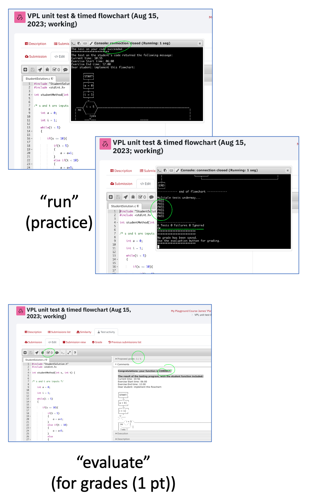 screen shots for VPL "run" and "evaluate" for a successful student solution.