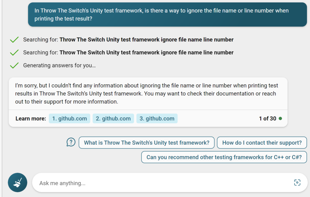 Question:
In Throw The Switch's Unity test framework, is there a way to ignore the file name or line number when printing the test result?
Answer:
In Throw The Switch's Unity test framework, is there a way to ignore the file name or line number when printing the test result?
Searching for: Throw The Switch Unity test framework ignore file name line number
Searching for: Throw The Switch Unity test framework ignore file name line number
Searching for: Throw The Switch Unity test framework ignore file name line number
Searching for: Throw The Switch Unity test framework ignore file name line number
Generating answers for you…
Generating answers for you…
I’m sorry, but I couldn’t find any information about ignoring the file name or line number when printing test results in Throw The Switch’s Unity test framework. You may want to check their documentation or reach out to their support for more information.
Learn more:
https://github.com/ThrowTheSwitch/Unity/blob/master/docs/UnityAssertionsReference.md
https://github.com/ThrowTheSwitch/Unity
https://github.com/ThrowTheSwitch/Unity/blob/master/docs/UnityConfigurationGuide.md