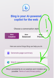 Bing is your AI-powered copilot for the web
Choose a conversation style

More
Creative

More
Balanced

More
Precise
Here are some things Bing can help you do

Generate page summary

Organize my tabs
Bing is powered by AI, so surprises and mistakes are possible. Terms of use | Privacy policy