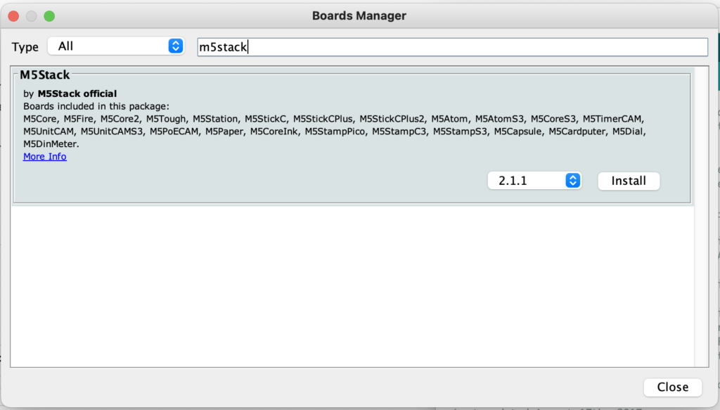M5Stack support files found in Boards Manager.