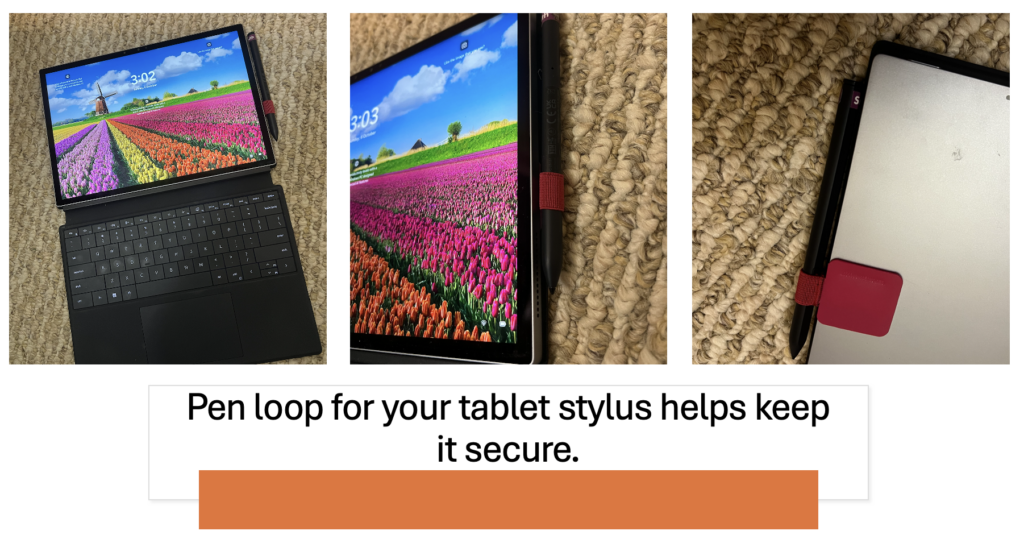 three images of a red pen loop attached to the back of a tablet. It helps hold the stylus in place.