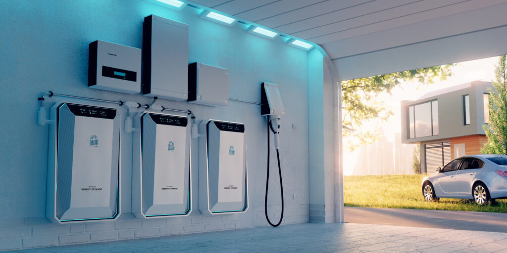 3D rendering depicting a home battery energy storage unit in a garage, with a sunny background featuring a lawn, car, family house, and a big city skyline