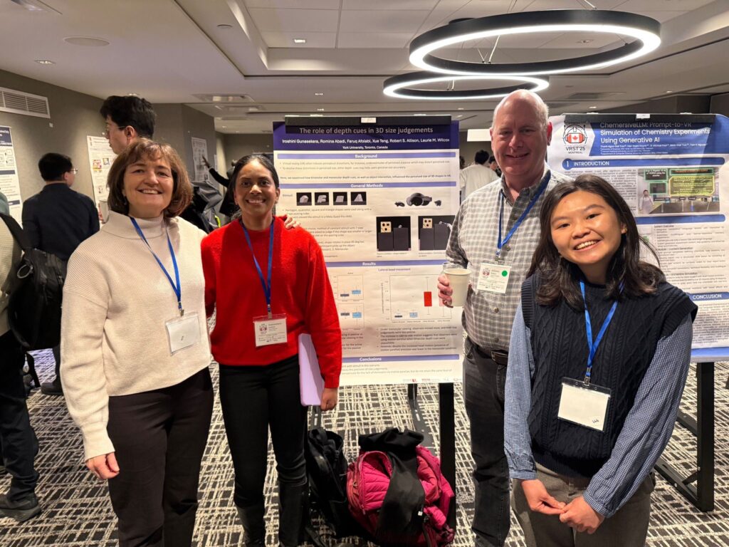 From left to right: Dr. Laurie Wilcox, Iroshini Gunasekera, Dr. Robert Allison, and Phoebe Ching in front of Iroshini's poster at VRST '25.