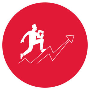 person climbing an arrow on red background