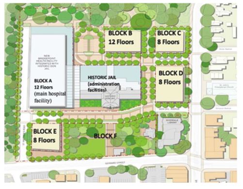 Approved site plan for Bridgepoint Active Healthcare (Urban Strategies, 2004; Lewingberg, 2004) Permission to reproduce image from Urban Strategies