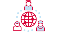 A red icon of three people surrounding a depiction of the globe. 