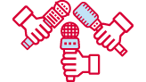 A red icon of three hands holding microphones. 