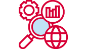 A red icon of a magnifying glass surrounded by a gear, a graph, and a globe depiction.