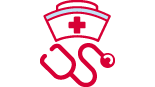 A red icon of a nursing cap and stethoscope 