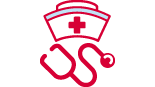 A red icon of a nursing cap and stethoscope