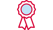 A red icon of an award ribbon. 