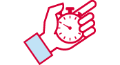 A red icon of a left hand holding a stopwatch.