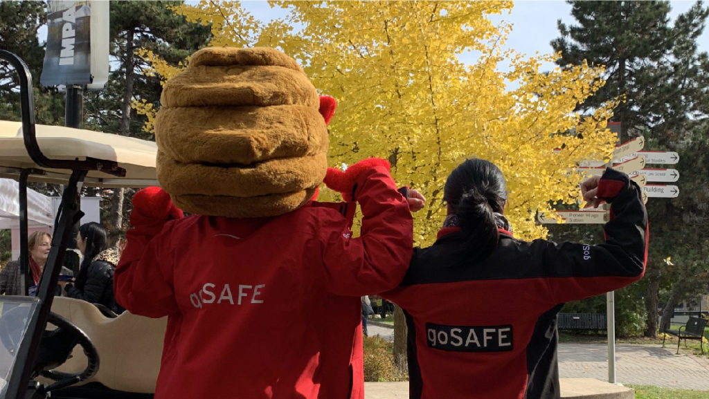 goSAFE staff member with YEO, the YU mascot