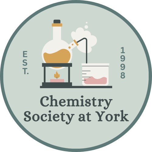 This is the Chemistry Society at York's Logo. This logo comprises of  a distillation set up of a round-bottom flask over a flame  distilling the liquid into a beaker through the side arm. 