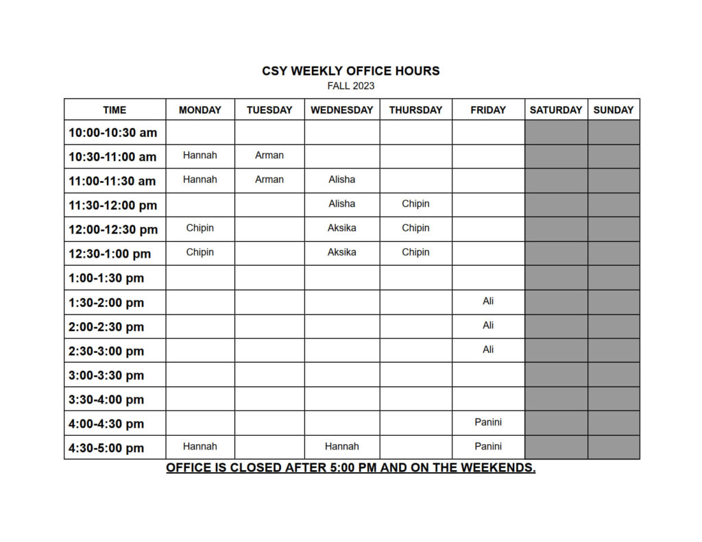 Schedule for office hours by the members of the chemistry society at York.