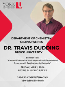 Poster advertising Travis Dudding seminar on March 1, 2024 in Petrie building room 317 at 1:30