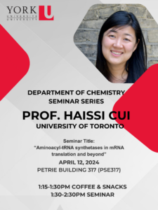 Poster advertising Haissi Cui's seminar on April 12, 2024 in Petrie building room 317 at 1:30