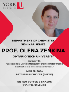 Poster advertising Olena Zenkina seminar on March 22, 2024 in Petrie building room 317 at 1:30