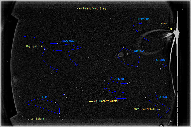 Winter constellations over YorkU Observatory. Digitally stitched using image from the all sky-cam.