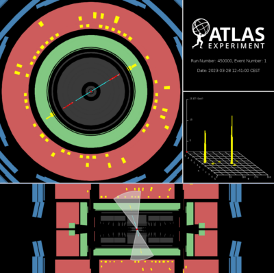 Event display of simulated pair of magnetic monopoles in the ATLAS Detector