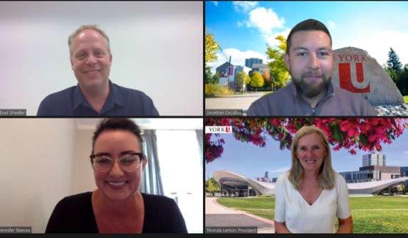 Screen capture of surprise congratulatory meeting to inform Jonathan Cevallos of his award. Left to right, top to bottom: Brad Sheeller, Jonathan Cevallos, Jennifer Steeves, President Rhonda Lenton