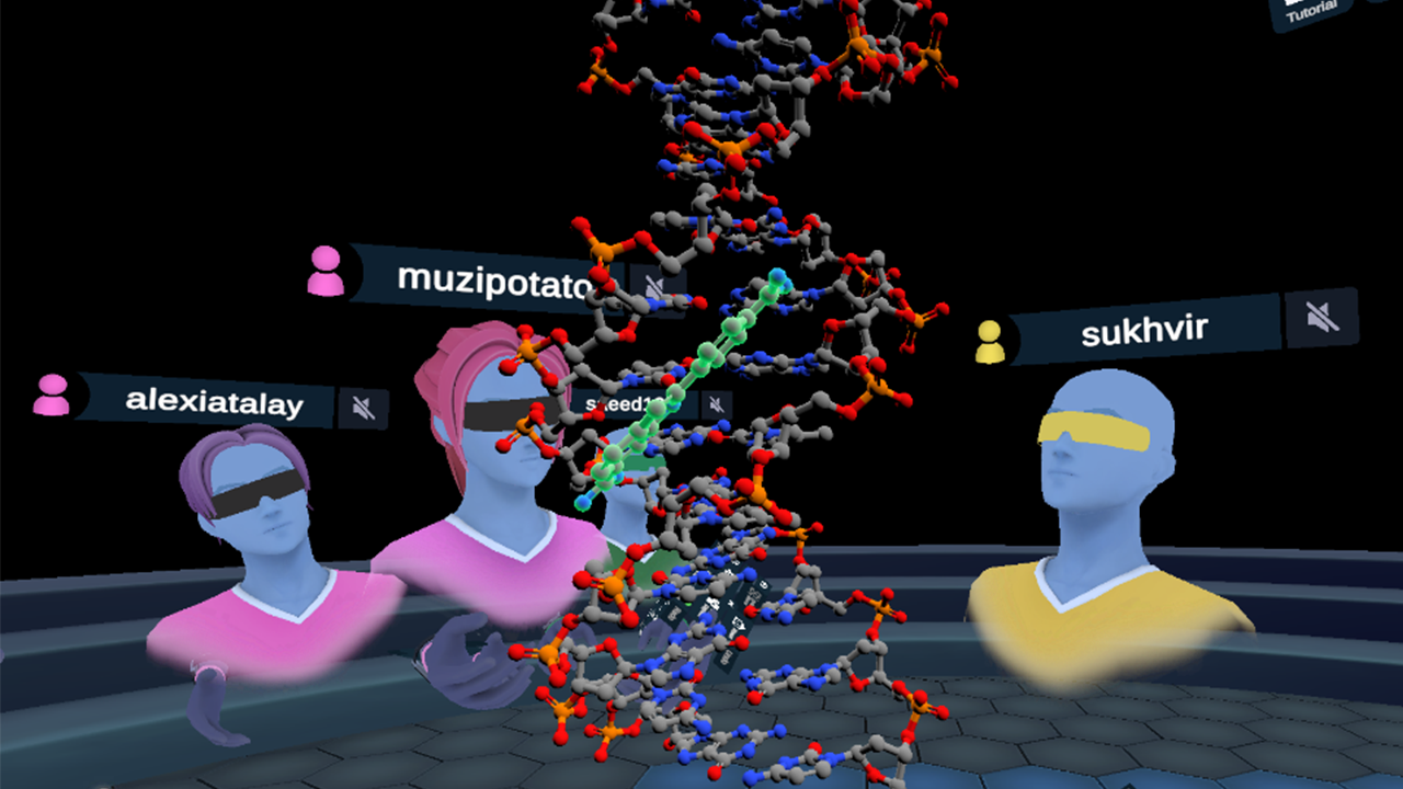 A screenshot of student avatars working with a DNA molecule during the pilot project in CHEM 3051