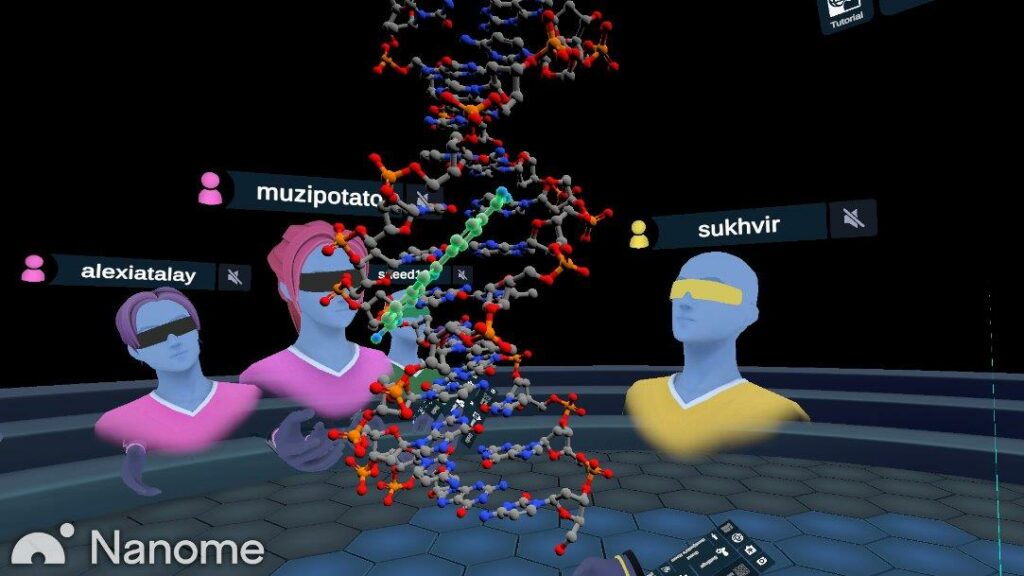 A screenshot of student avatars working with a DNA molecule during the pilot project