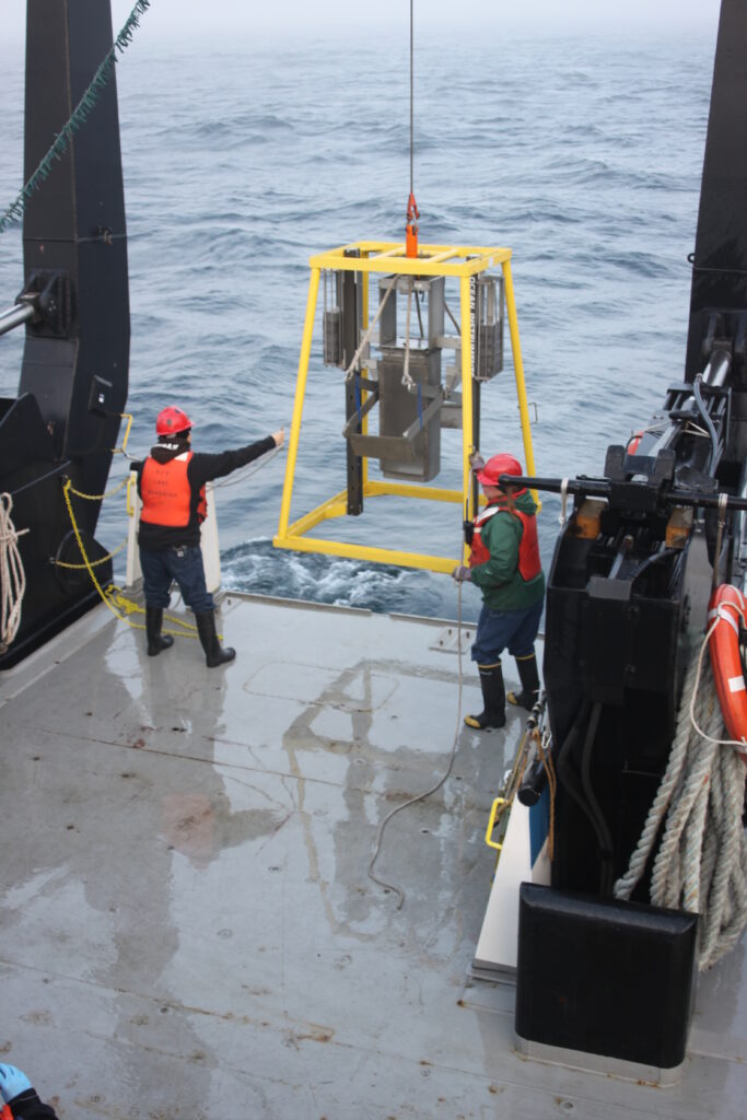 Retrieval of the box corer containing Lake Erie sediments