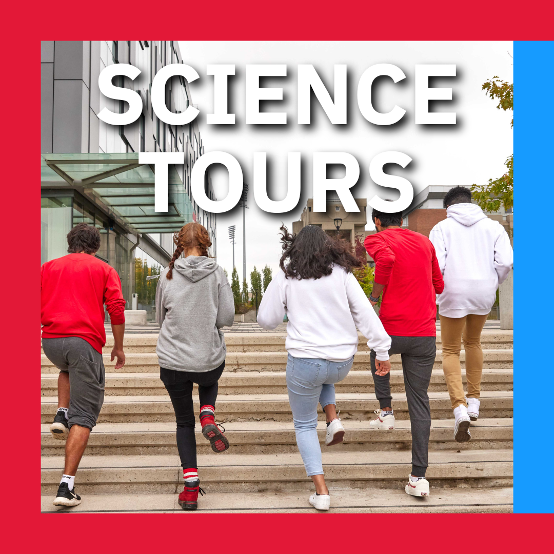 An image of students running up the stairs towards the Keele campus Life Sciences buildings. Text on the image says "Science Tours"