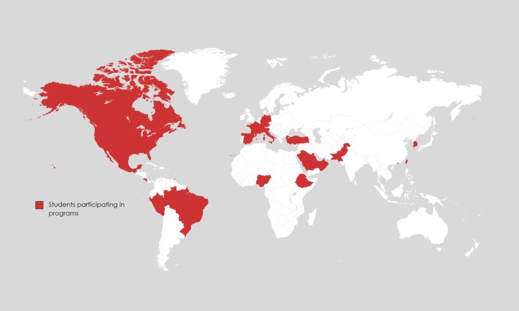 A map showing students participating in programs